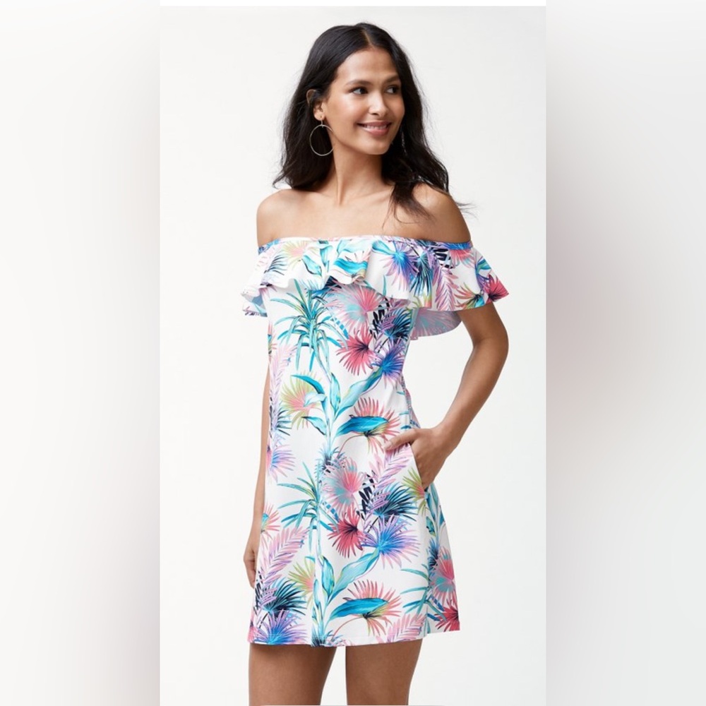 Tommy Bahama Fronds Ferdinand Off-the-Shoulder swim dress, EUC, SPF 50, L